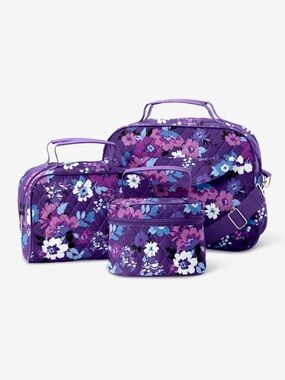 Purple Floral Quilted Travel Bag Set 3 Piece Cosmetic Toiletry Organizer NWT